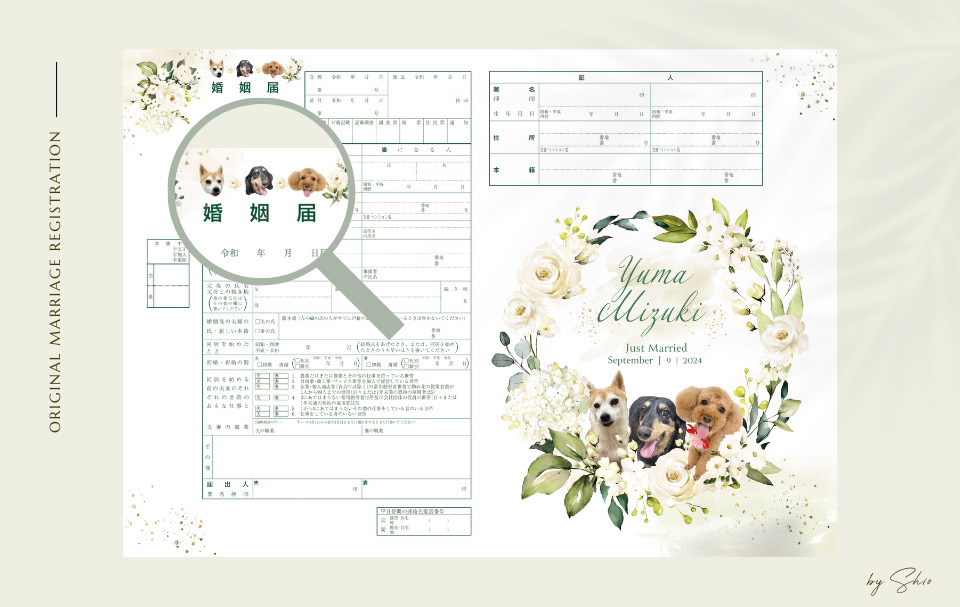 【愛犬3匹】婚姻届の文字周りも可愛い白いバラの婚姻届の画像
