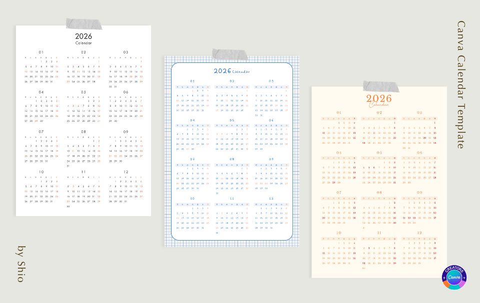 A4縦で印刷できるシンプルな年間カレンダー表３種類の画像